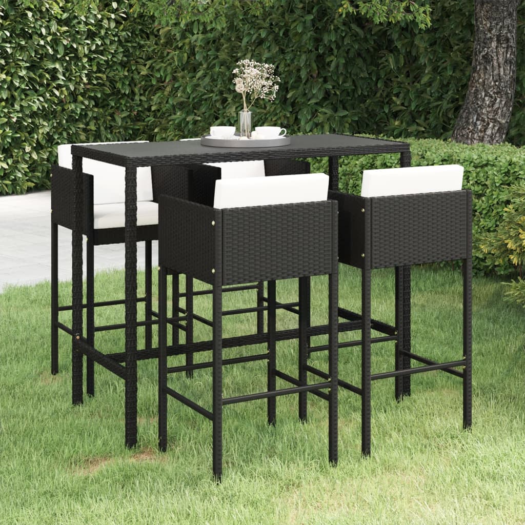 5-delige Tuinbarset met kussens poly rattan zwart – afbeelding 1