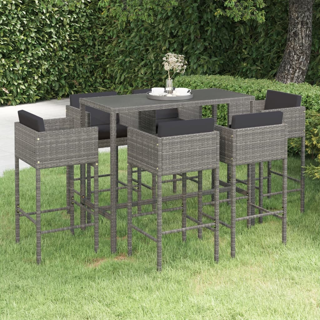 7-delige Tuinbarset met kussens poly rattan grijs – afbeelding 1