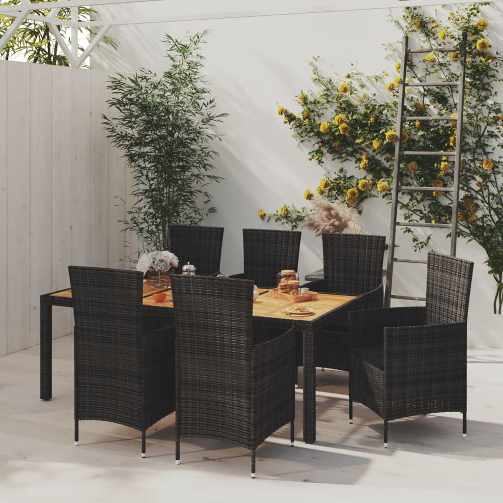 7-delige Tuinset met kussens poly rattan zwart – afbeelding 1