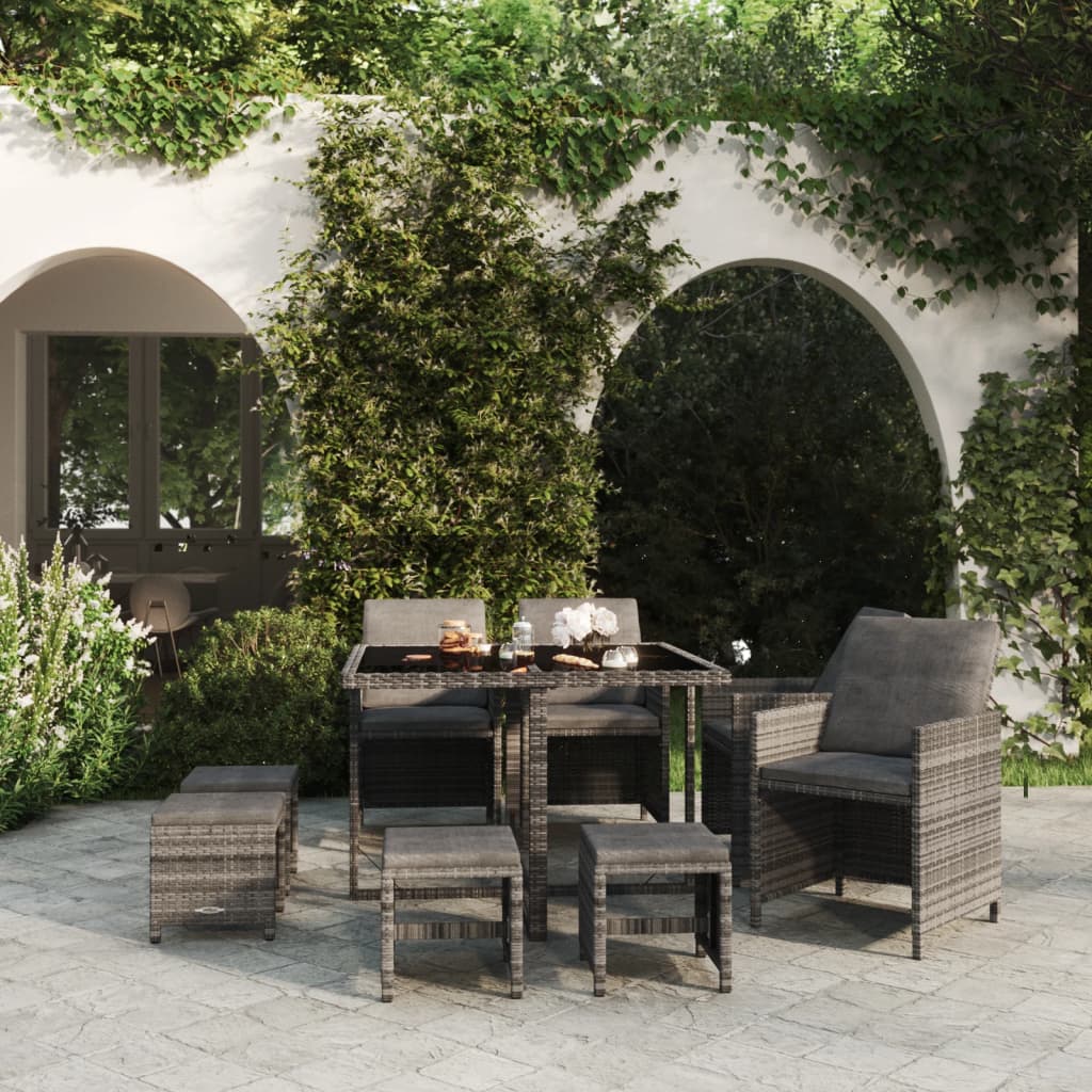 9-delige Tuinset met kussens poly rattan grijs – afbeelding 1