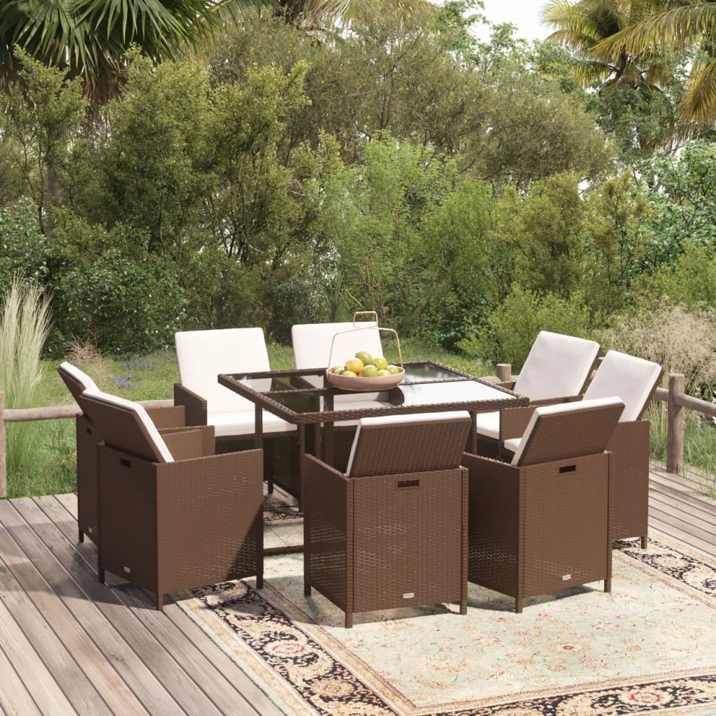 9-delige Tuinset met kussens poly rattan bruin – afbeelding 1