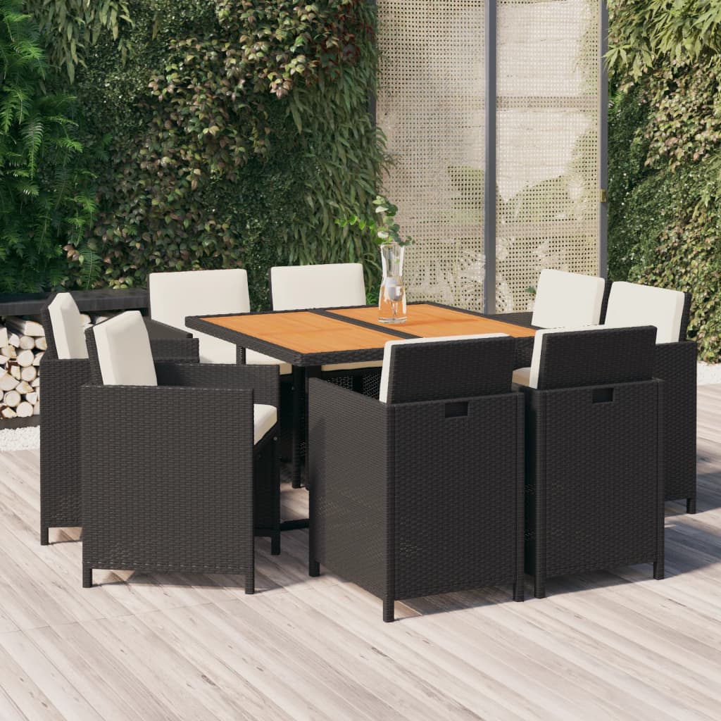 9-delige Tuinset met kussens poly rattan zwart – afbeelding 1