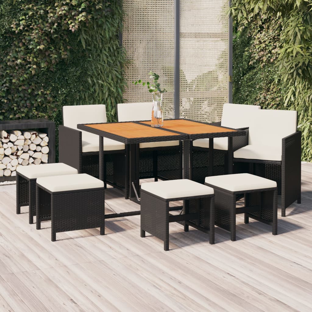 9-delige Tuinset met kussens poly rattan zwart – afbeelding 1