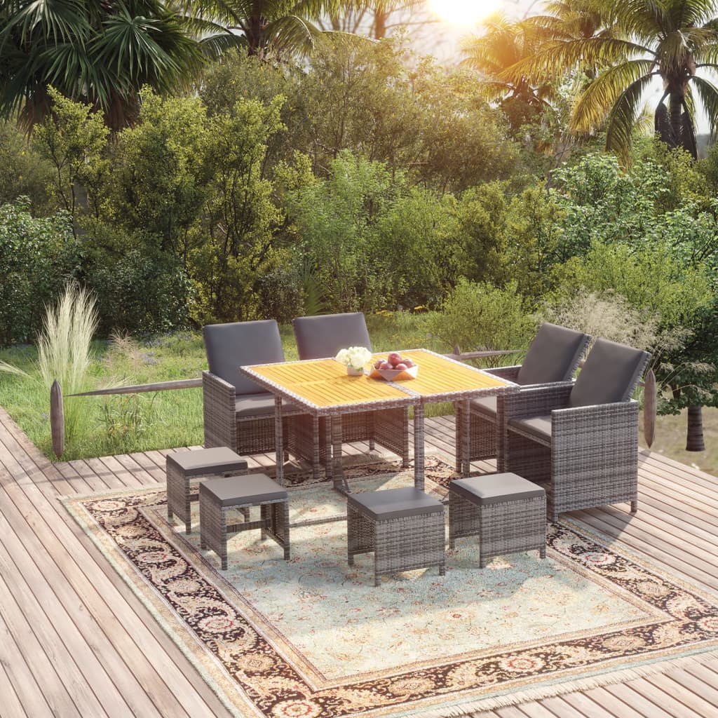9-delige Tuinset met kussens poly rattan grijs – afbeelding 1