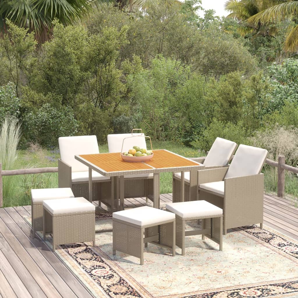 9-delige Tuinset met kussens poly rattan beige – afbeelding 1
