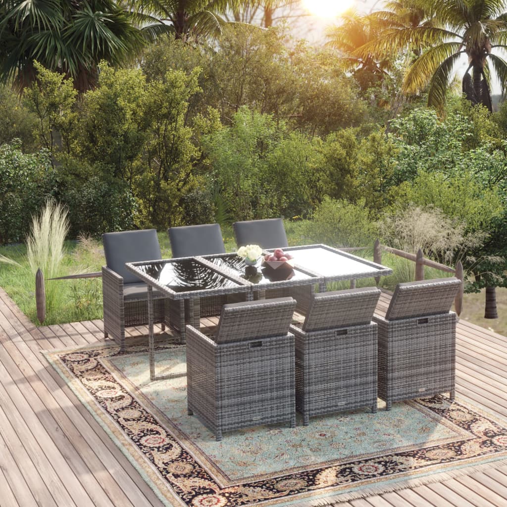 7-delige Tuinset met kussens poly rattan grijs – afbeelding 1