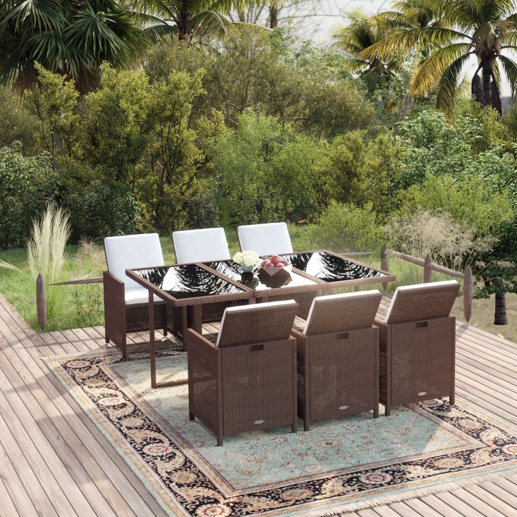 7-delige Tuinset met kussens poly rattan bruin