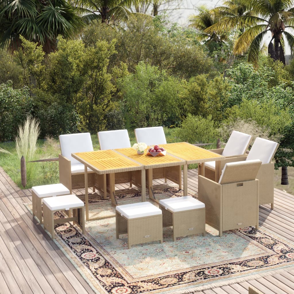 11-delige Tuinset met kussens poly rattan beige – afbeelding 1
