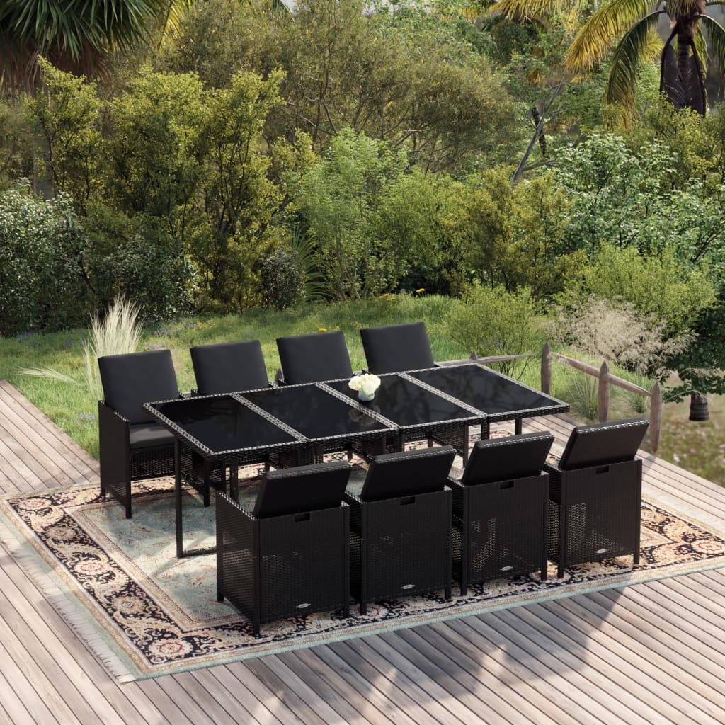 9-delige Tuinset met kussens poly rattan zwart