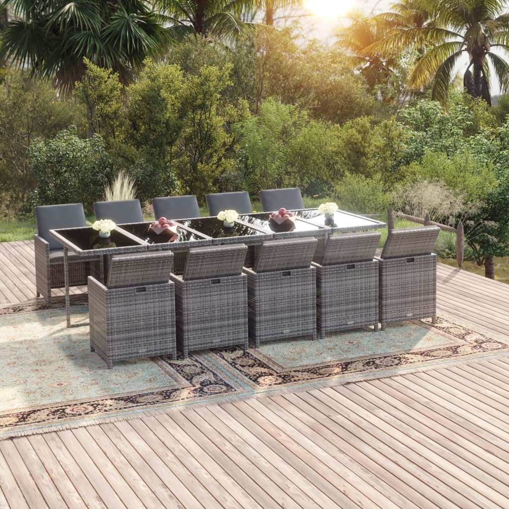 11-delige Tuinset met kussens poly rattan grijs – afbeelding 1