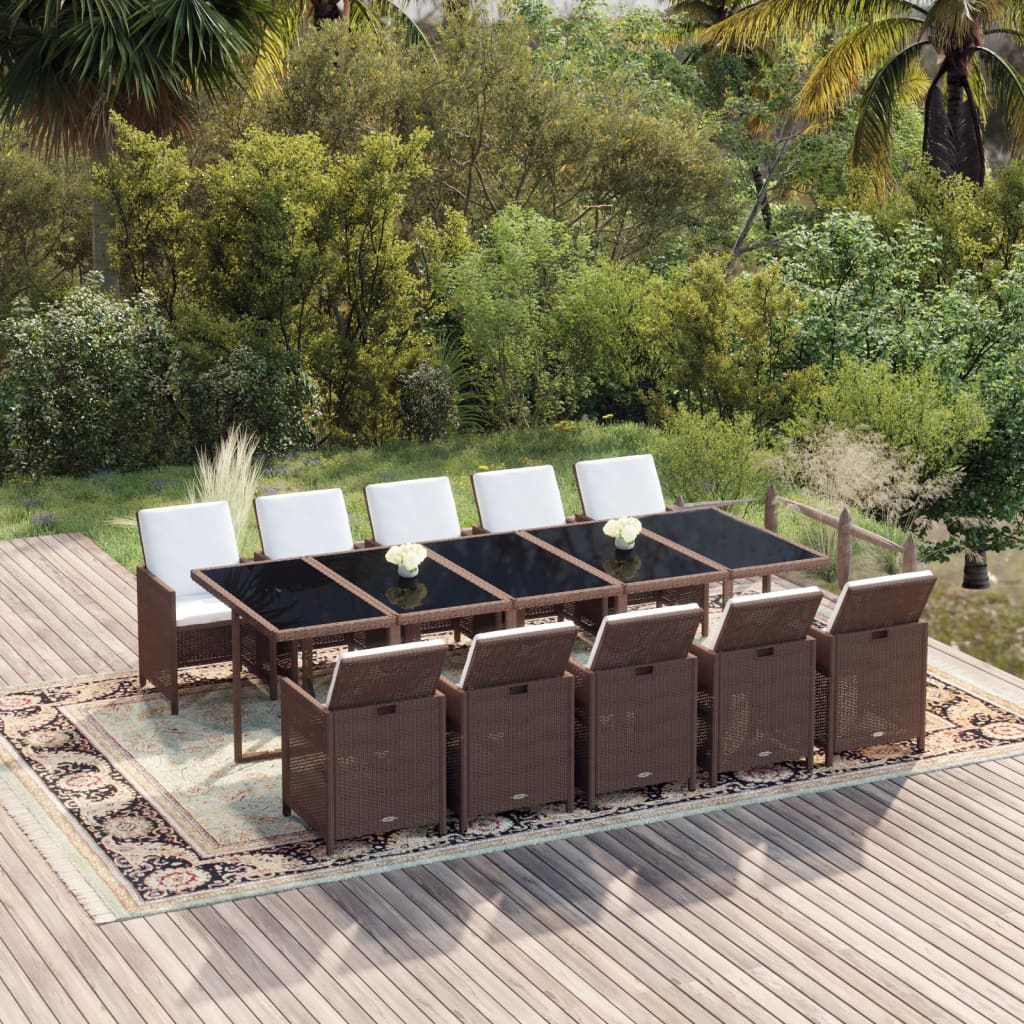 11-delige Tuinset met kussens poly rattan bruin – afbeelding 1