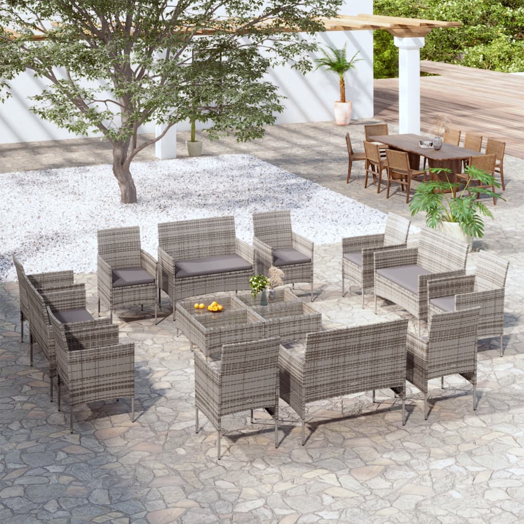 16-delige Loungeset met kussens poly rattan grijs – afbeelding 1