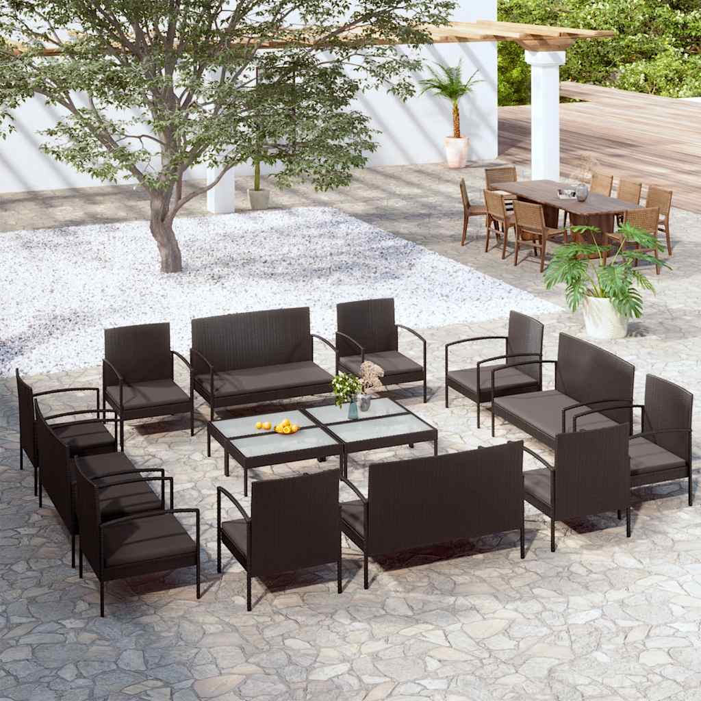 16-delige Loungeset met kussens poly rattan zwart – afbeelding 1