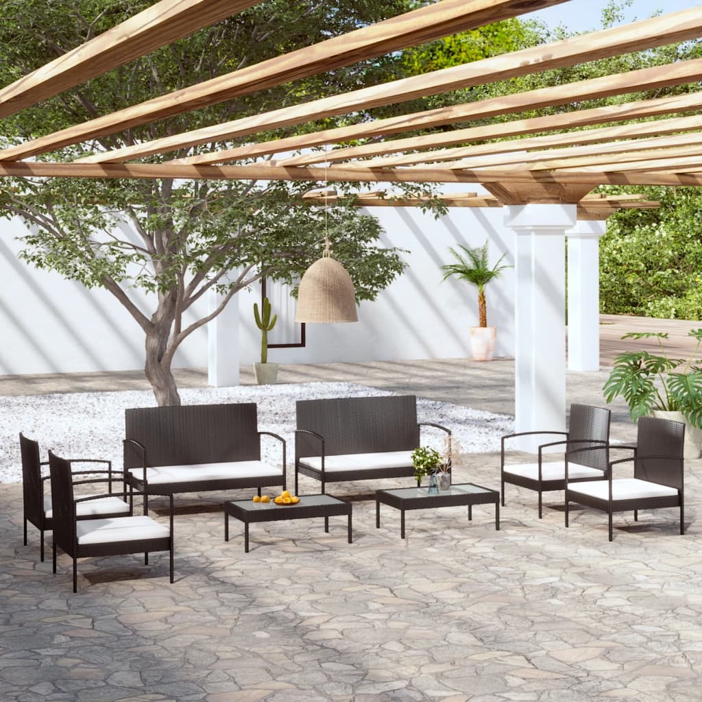 8-delige Loungeset met kussens poly rattan zwart – afbeelding 1