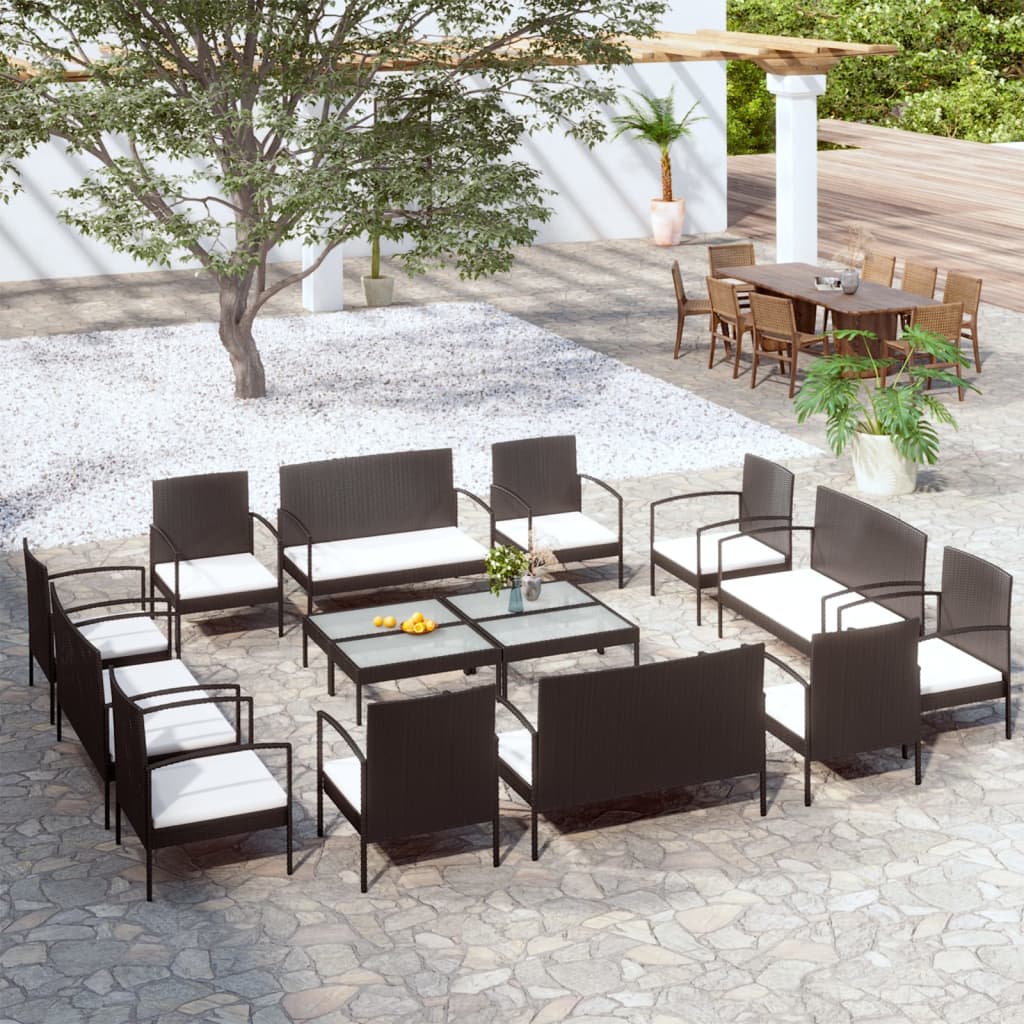 16-delige Loungeset met kussens poly rattan zwart – afbeelding 1