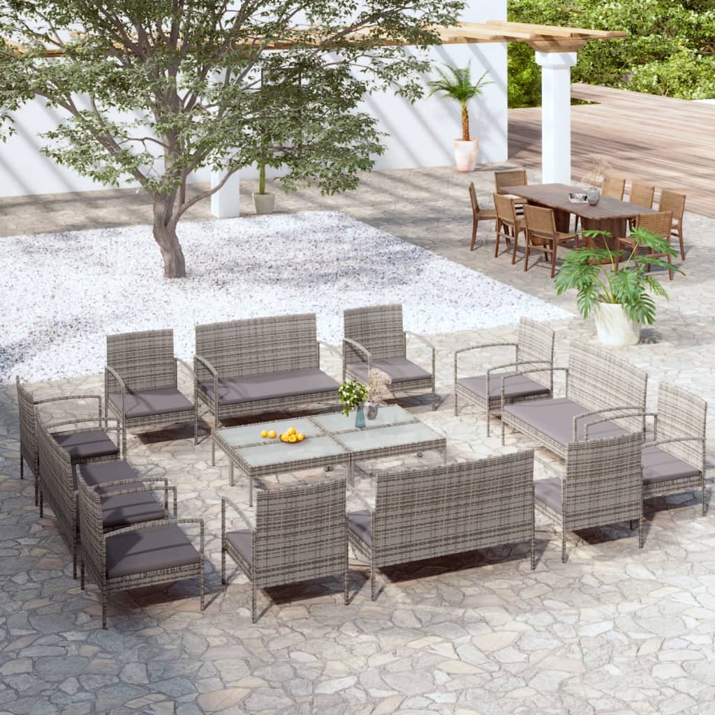 16-delige Loungeset met kussens poly rattan grijs – afbeelding 1