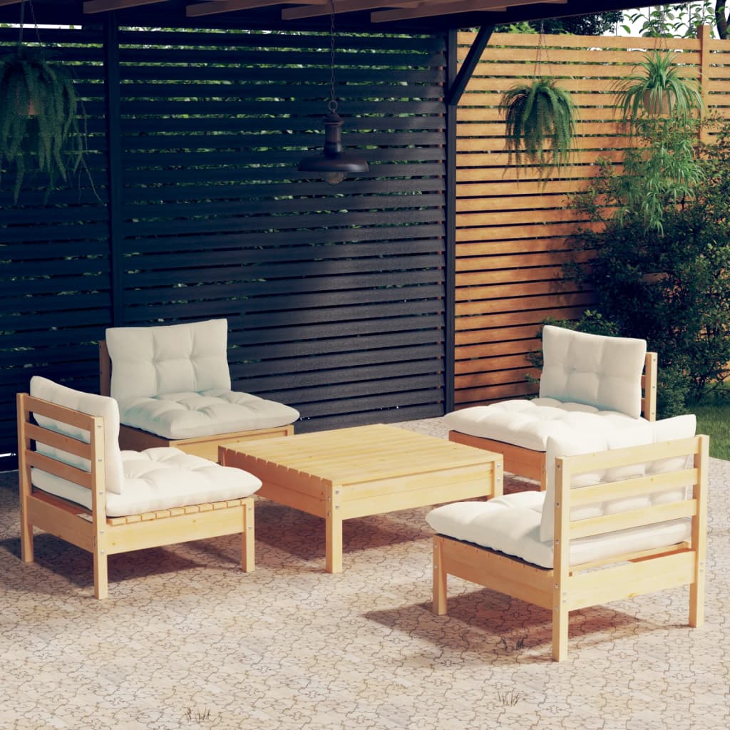 5-delige Loungeset met crèmekleurige kussens grenenhout – afbeelding 1
