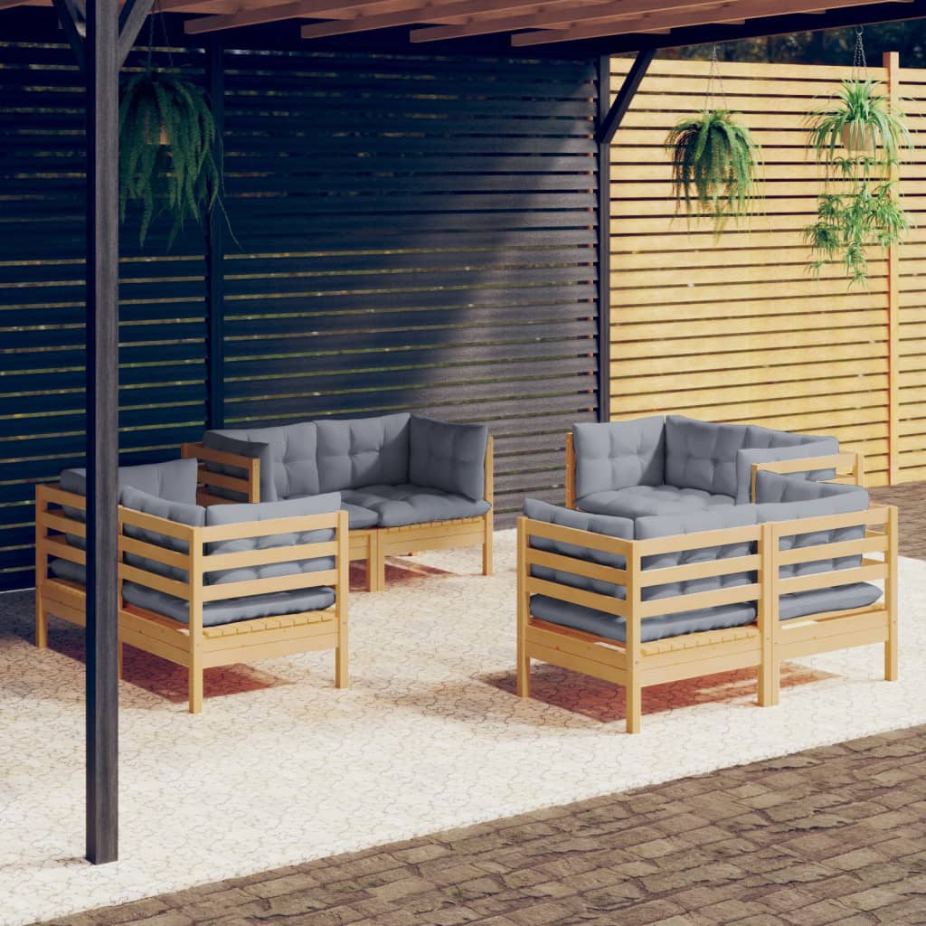 8-delige Loungeset met grijze kussens grenenhout