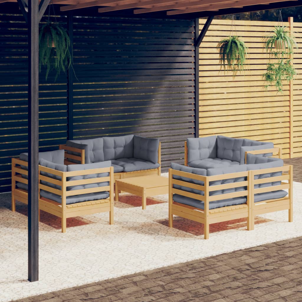 9-delige Loungeset met grijze kussens grenenhout