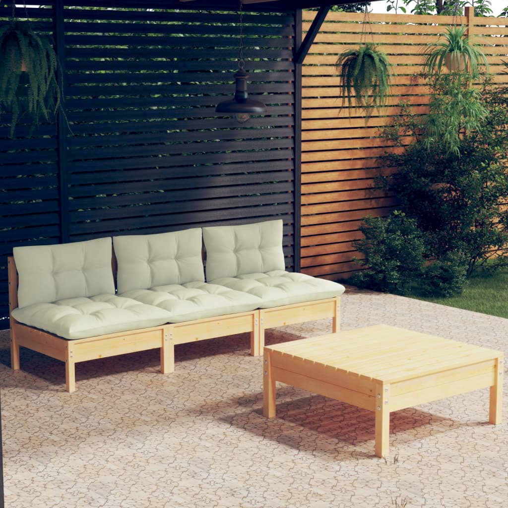 4-delige Loungeset met crèmekleurige kussens grenenhout – afbeelding 1