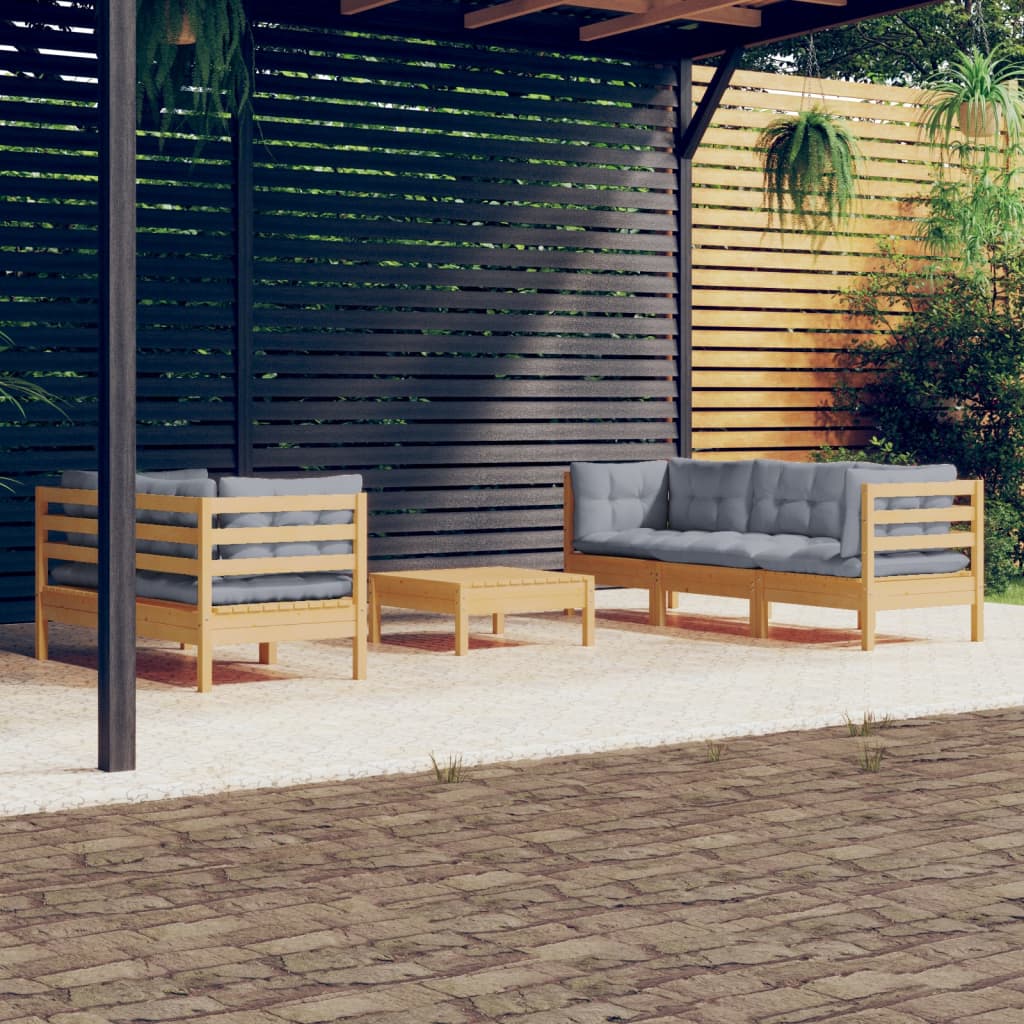 6-delige Loungeset met grijze kussens grenenhout – afbeelding 1