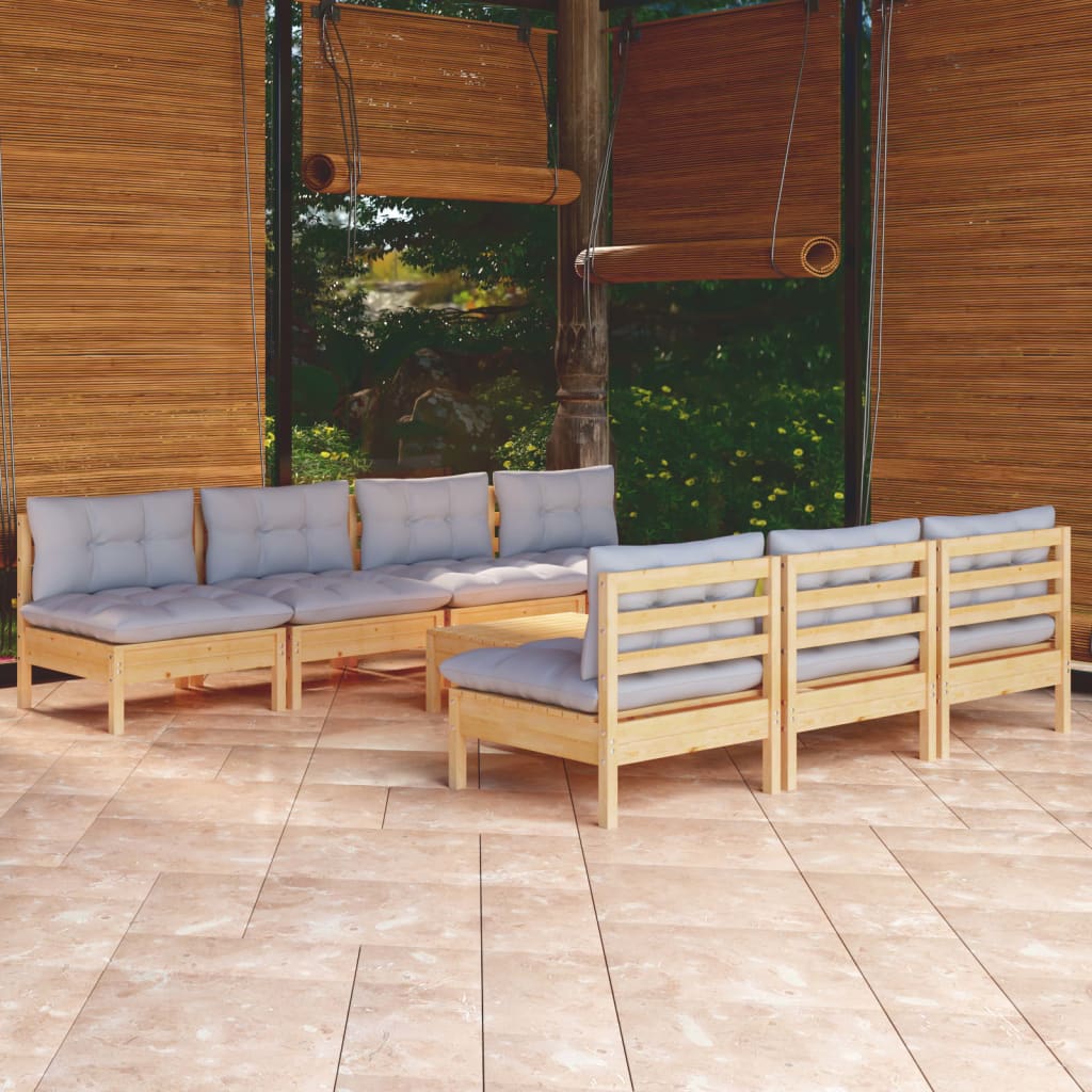 8-delige Loungeset met grijze kussens grenenhout – afbeelding 1