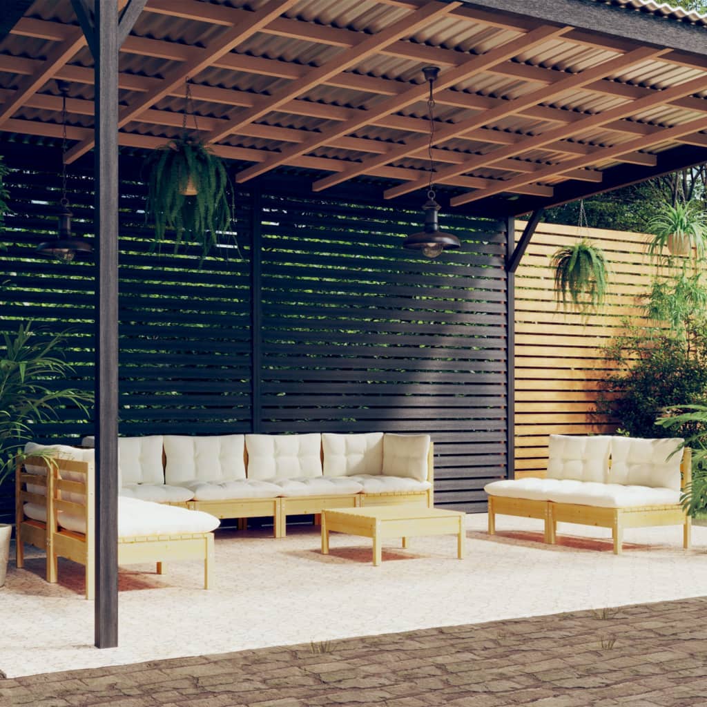 9-delige Loungeset met crèmekleurige kussens massief grenenhout