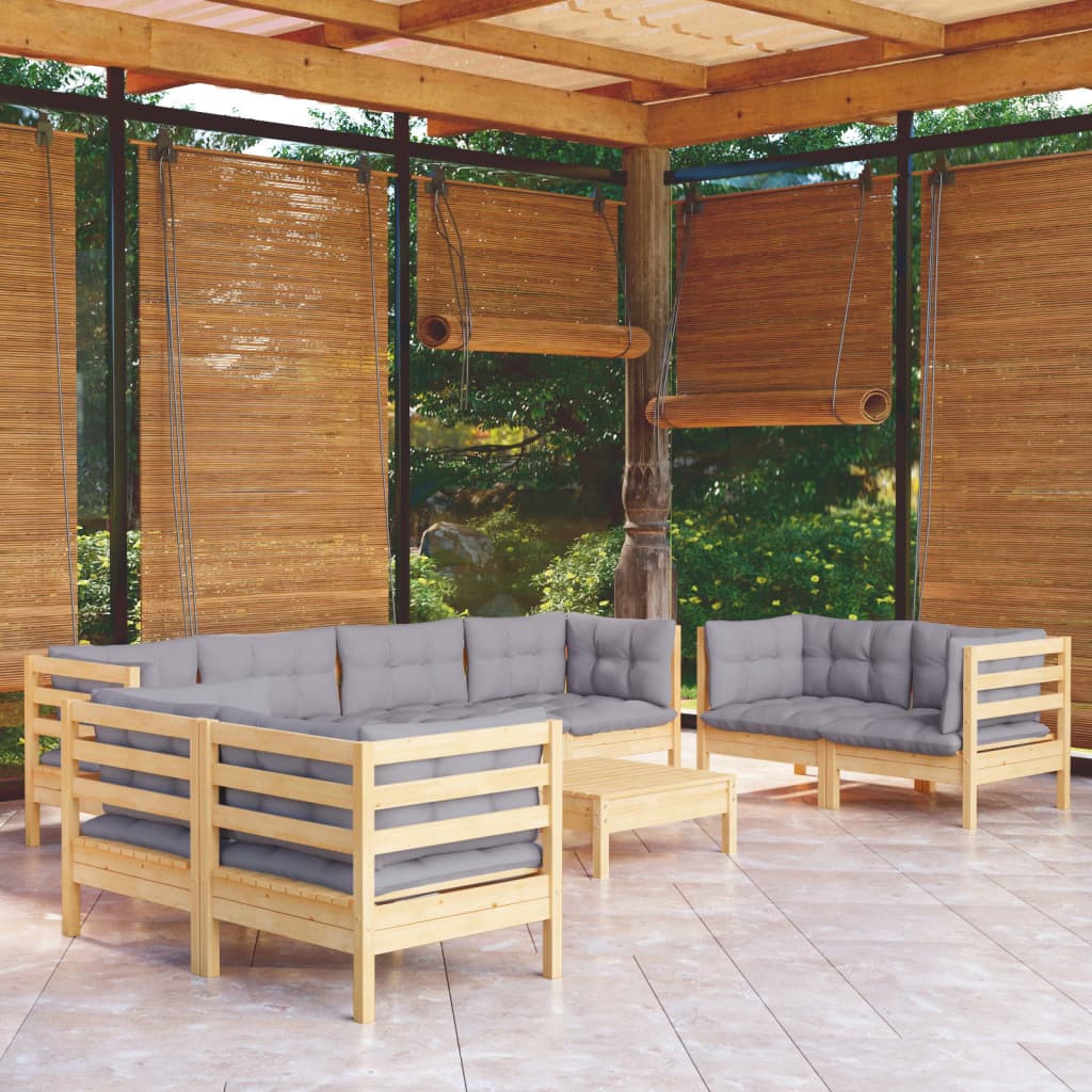 9-delige Loungeset met grijze kussens massief grenenhout – afbeelding 1
