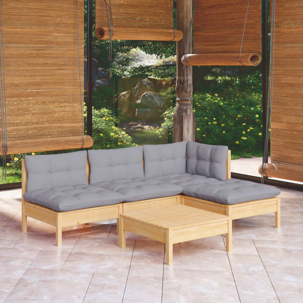 5-delige Loungeset met grijze kussens grenenhout – afbeelding 1