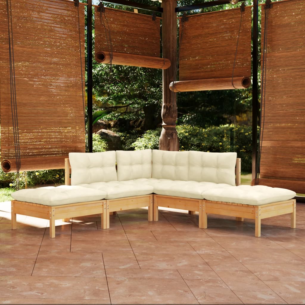 5-delige Loungeset met crèmekleurige kussens grenenhout