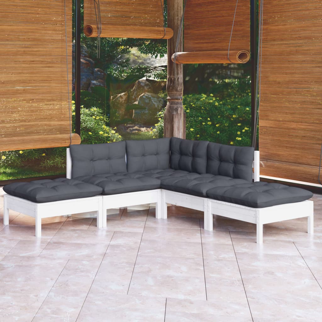 5-delige Loungeset met kussens grenenhout wit – afbeelding 1
