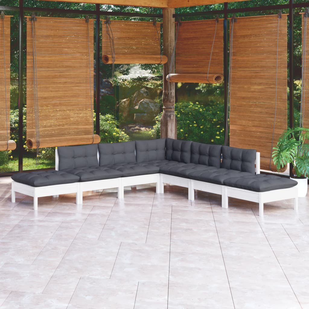 7-delige Loungeset met kussens grenenhout wit – afbeelding 1