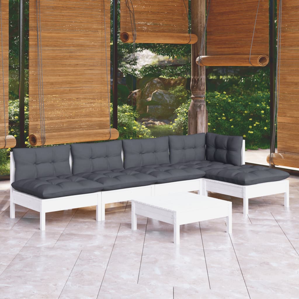 6-delige Loungeset met kussens grenenhout wit