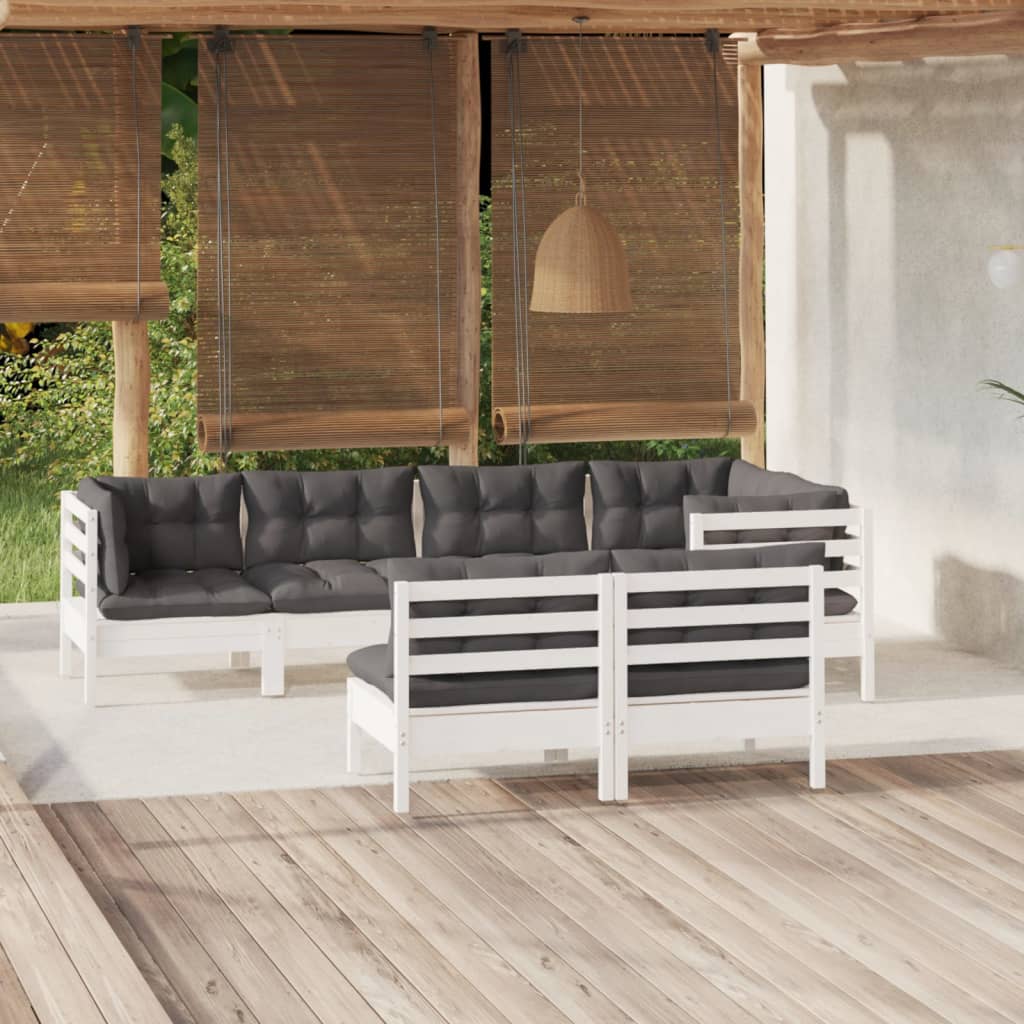 7-delige Loungeset met kussens massief grenenhout wit – afbeelding 1