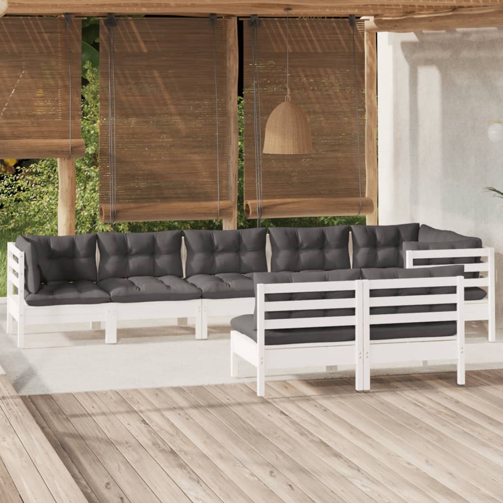 8-delige Loungeset met kussens massief grenenhout wit – afbeelding 1