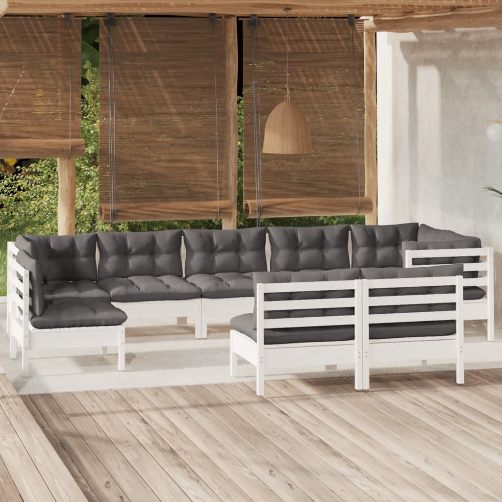 9-delige Loungeset met kussens massief grenenhout wit – afbeelding 1