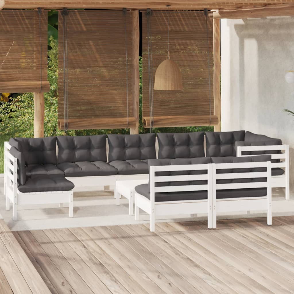 10-delige Loungeset met kussens massief grenenhout wit – afbeelding 1