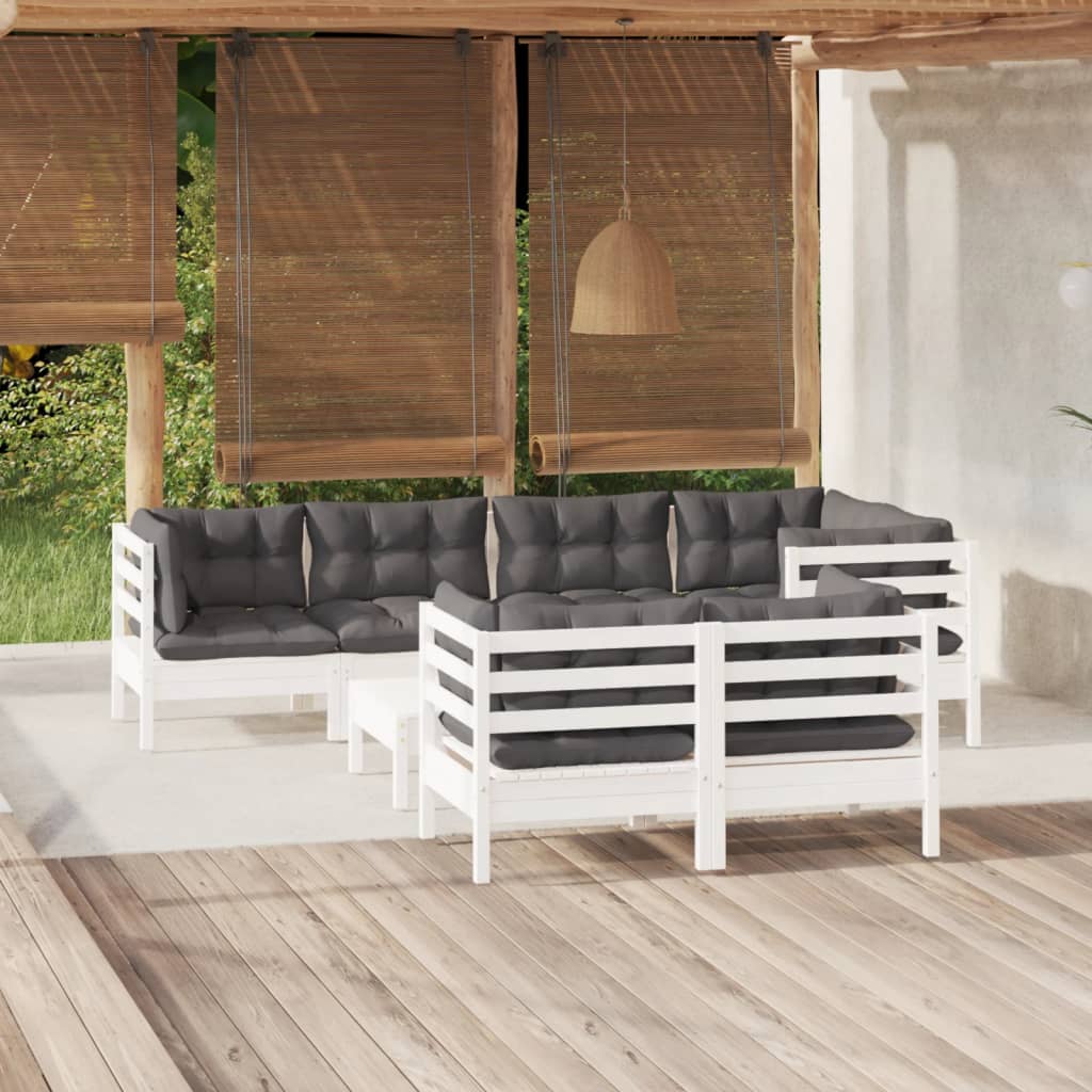8-delige Loungeset met kussens massief grenenhout wit – afbeelding 1