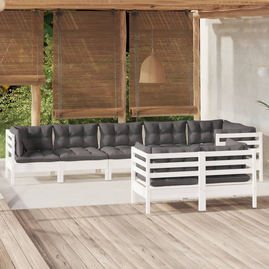 8-delige Loungeset met kussens massief grenenhout wit – afbeelding 1