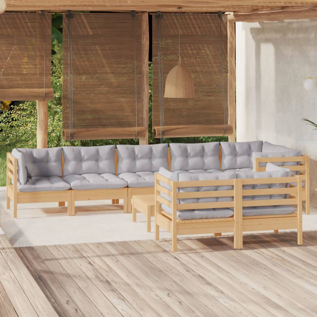 9-delige Loungeset met grijze kussens massief grenenhout – afbeelding 1