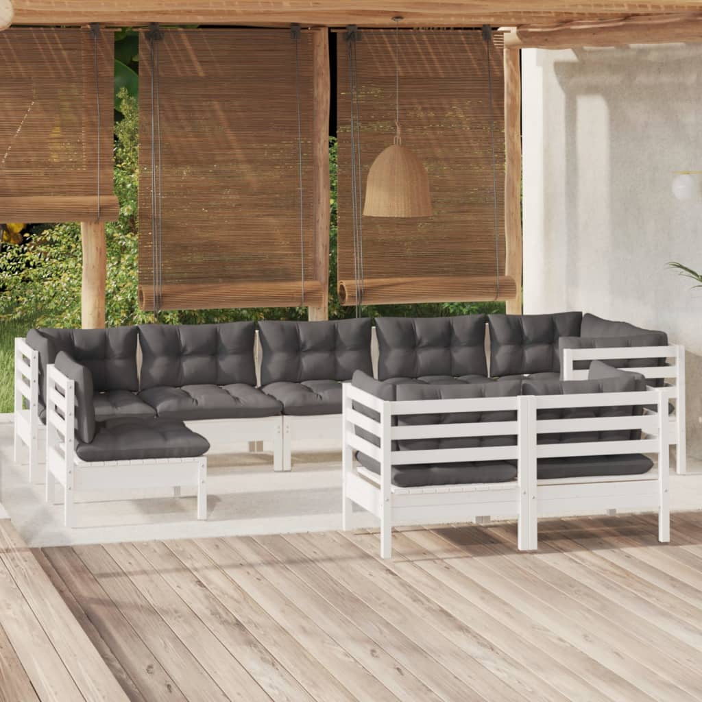 9-delige Loungeset met kussens massief grenenhout wit – afbeelding 1