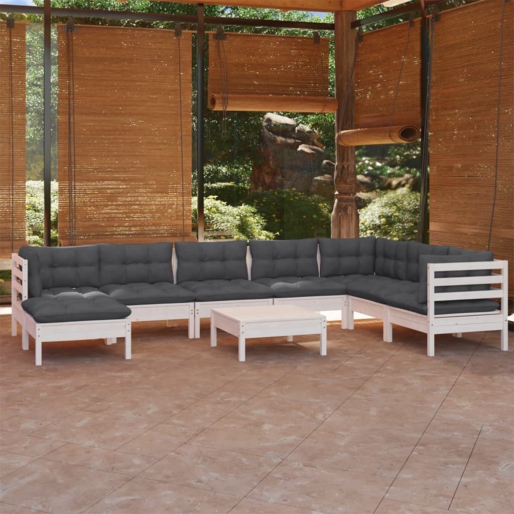 9-delige Loungeset met kussens massief grenenhout wit – afbeelding 1