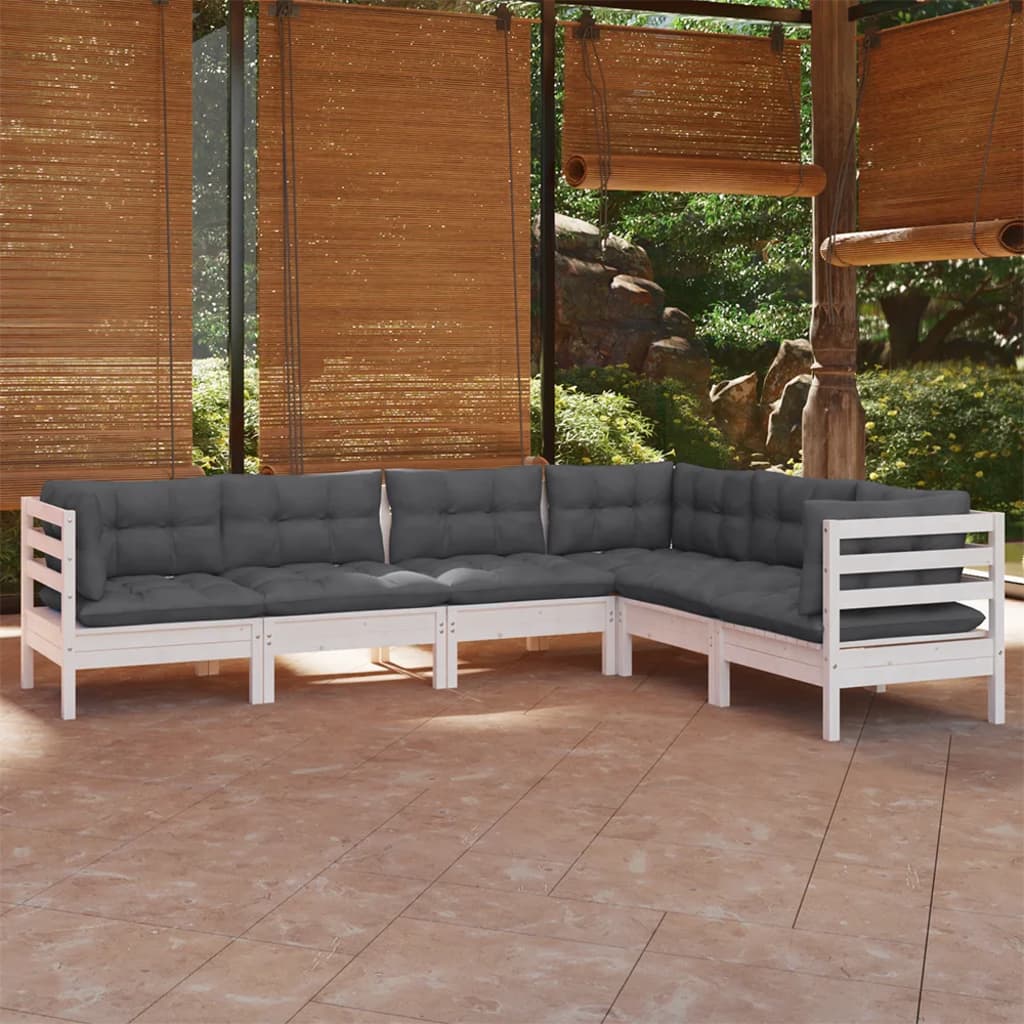 6-delige Loungeset met kussens massief grenenhout wit – afbeelding 1