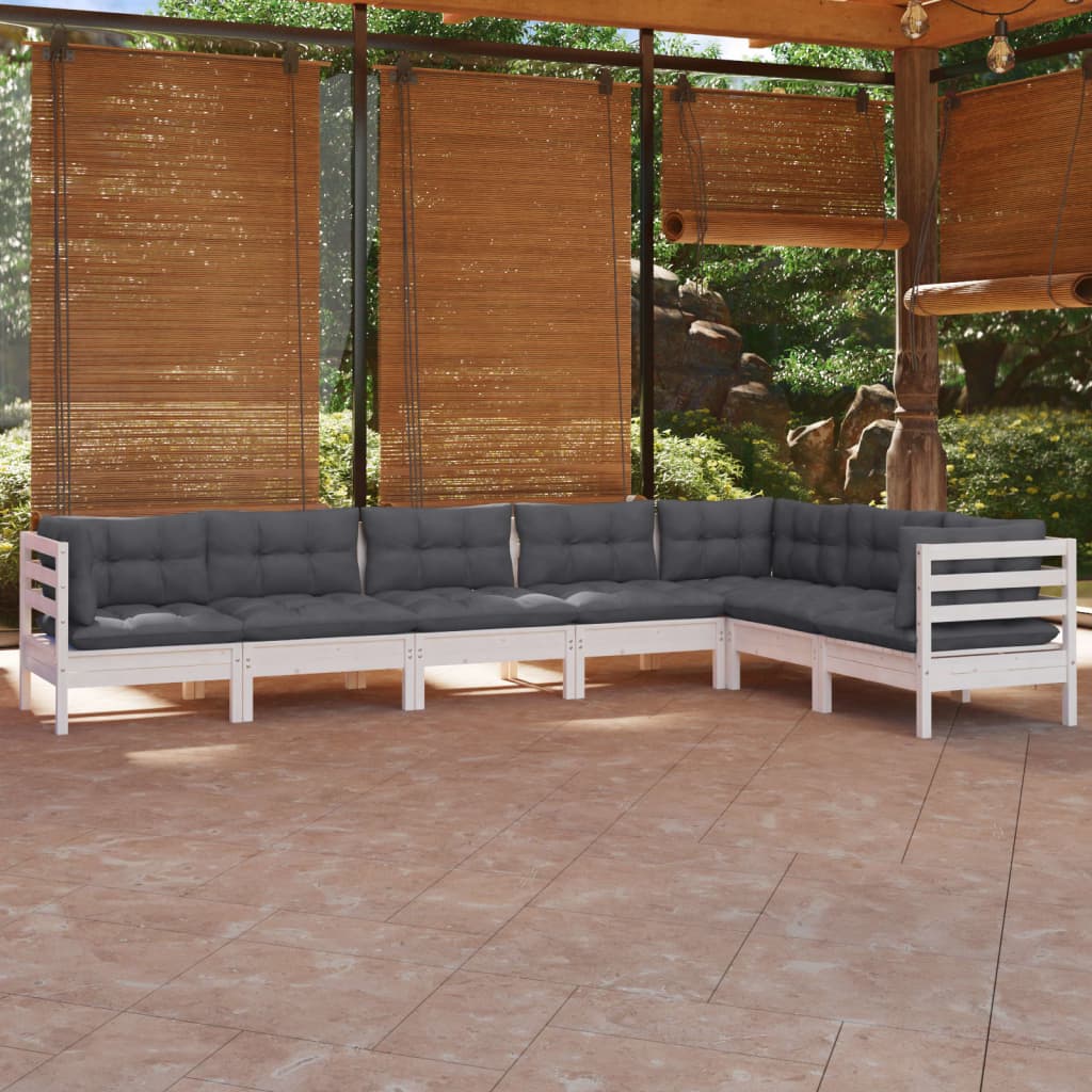 7-delige Loungeset met kussens massief grenenhout wit – afbeelding 1