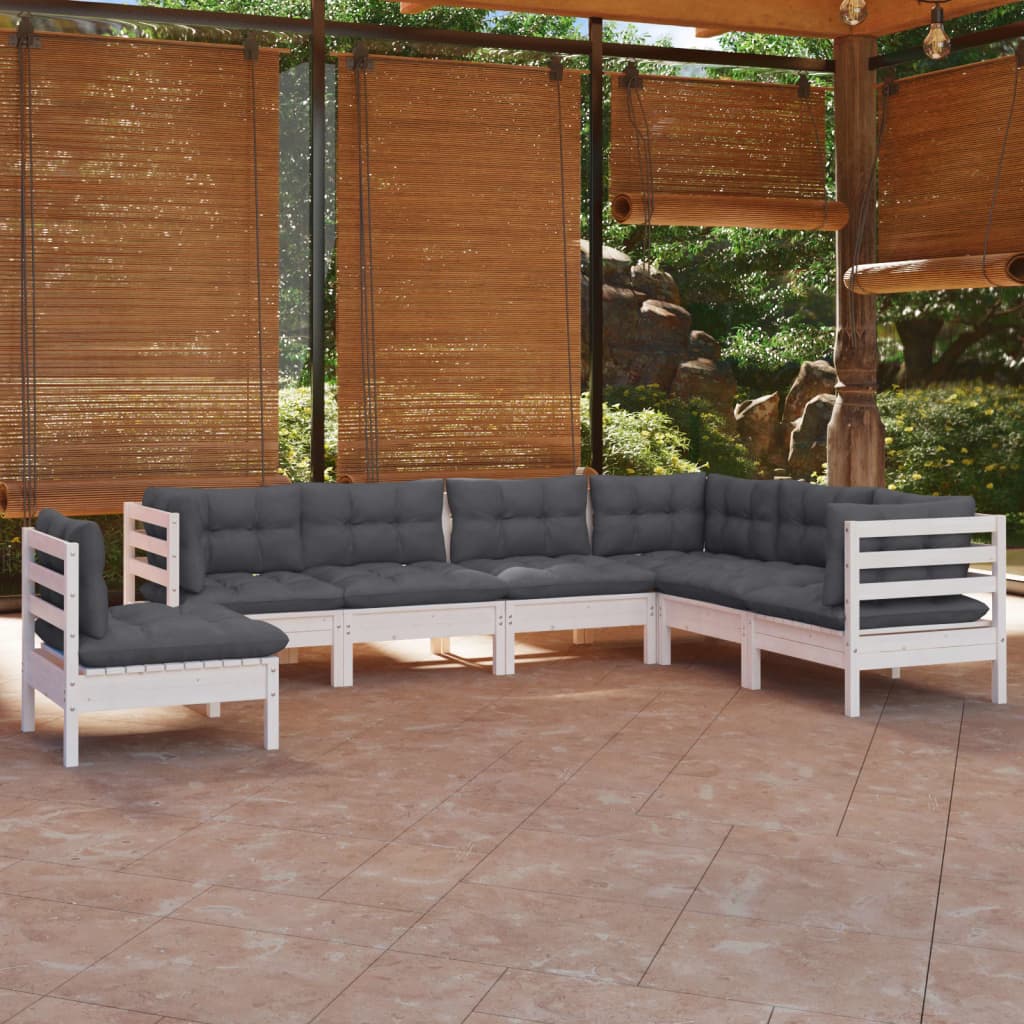 7-delige Loungeset met kussens massief grenenhout wit – afbeelding 1