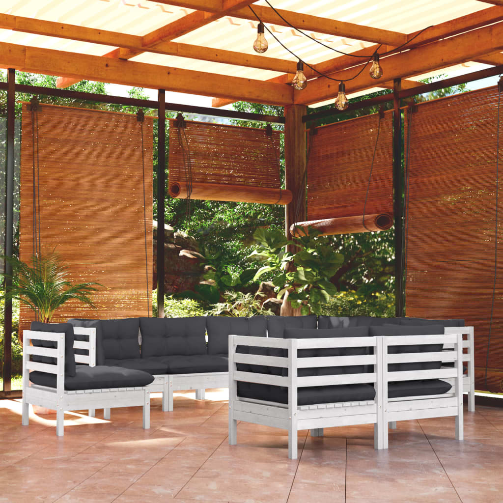 9-delige Loungeset met kussens massief grenenhout wit – afbeelding 1