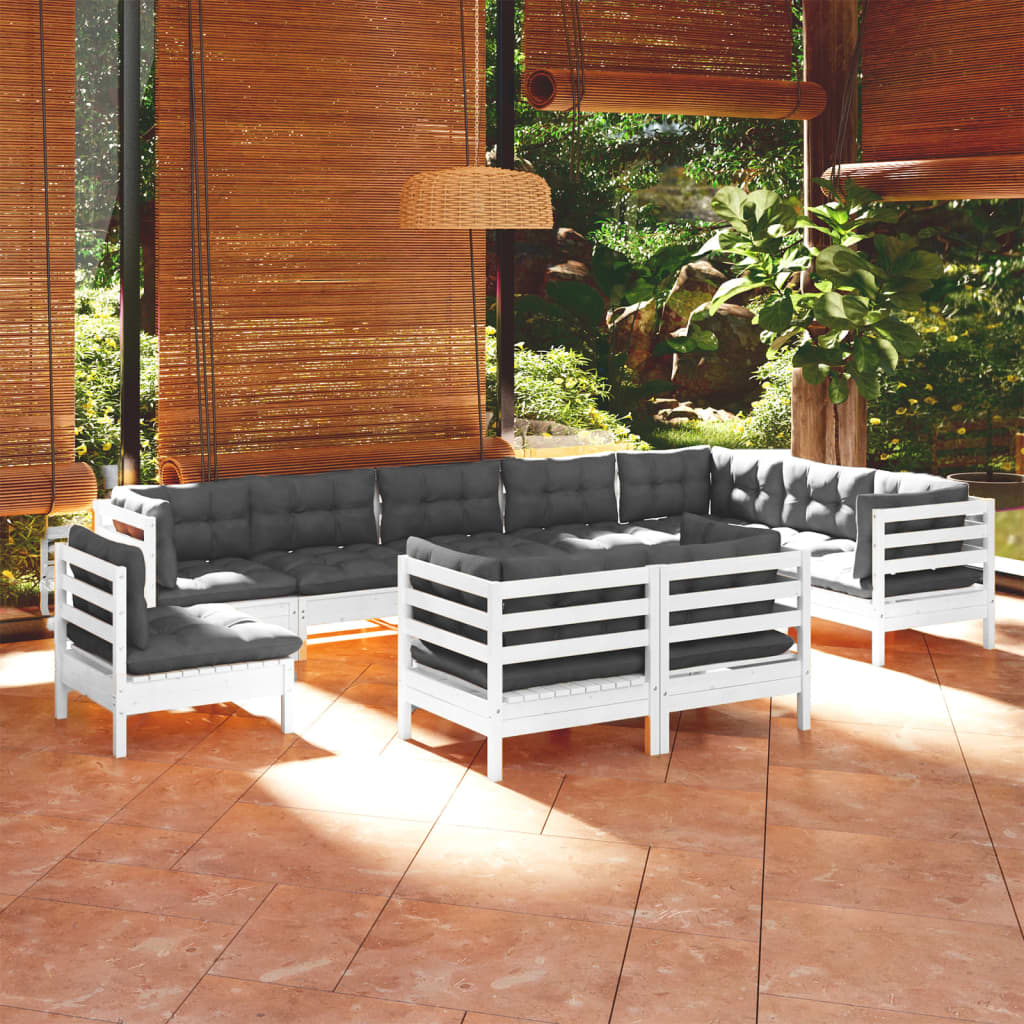 10-delige Loungeset met kussens massief grenenhout wit – afbeelding 1