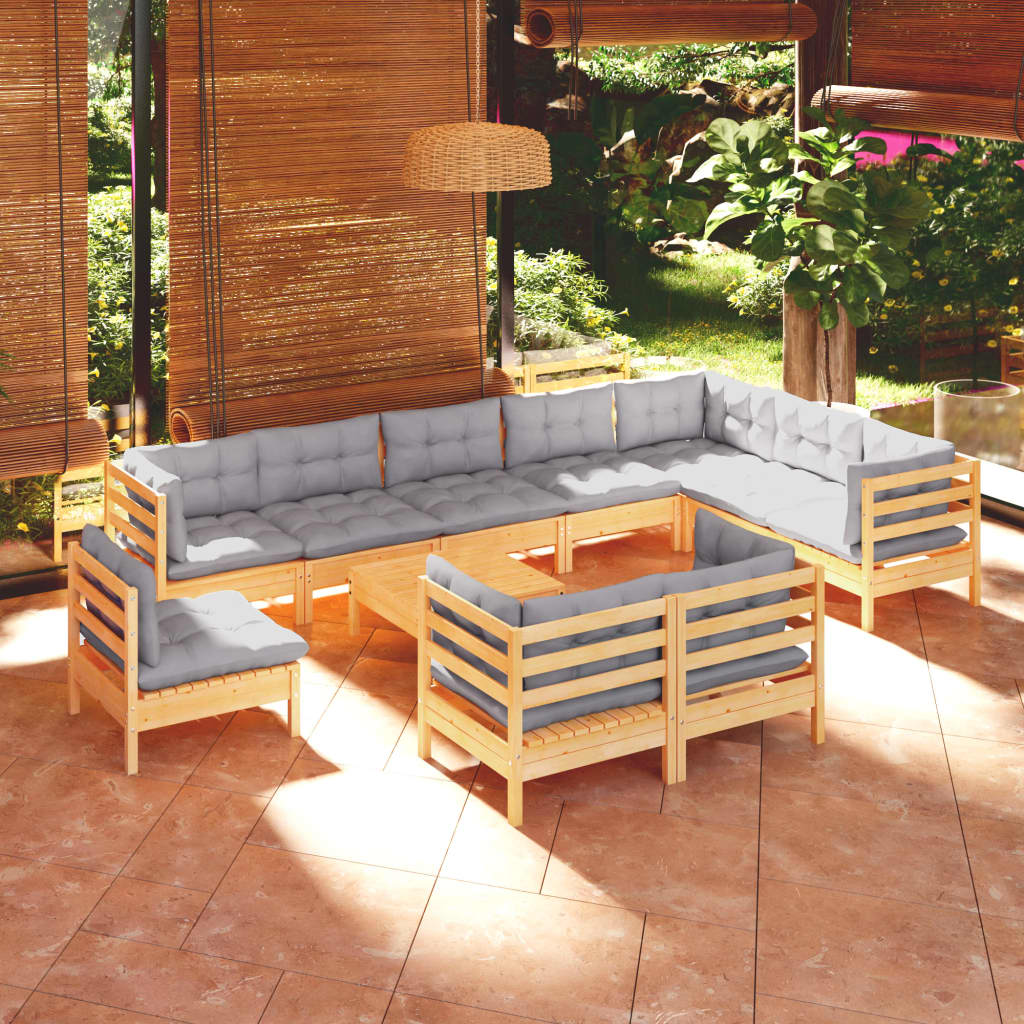 11-delige Loungeset met grijze kussens massief grenenhout – afbeelding 1