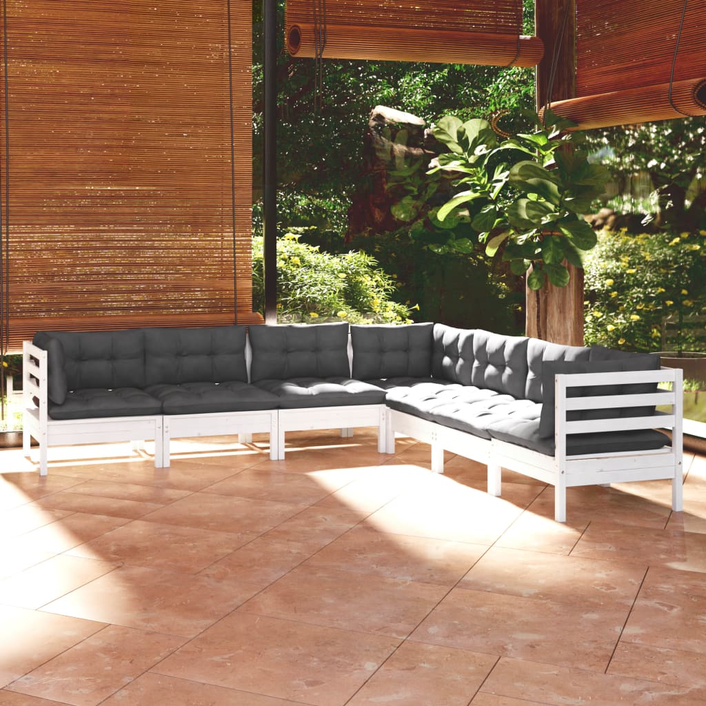 7-delige Loungeset met kussens massief grenenhout wit – afbeelding 1