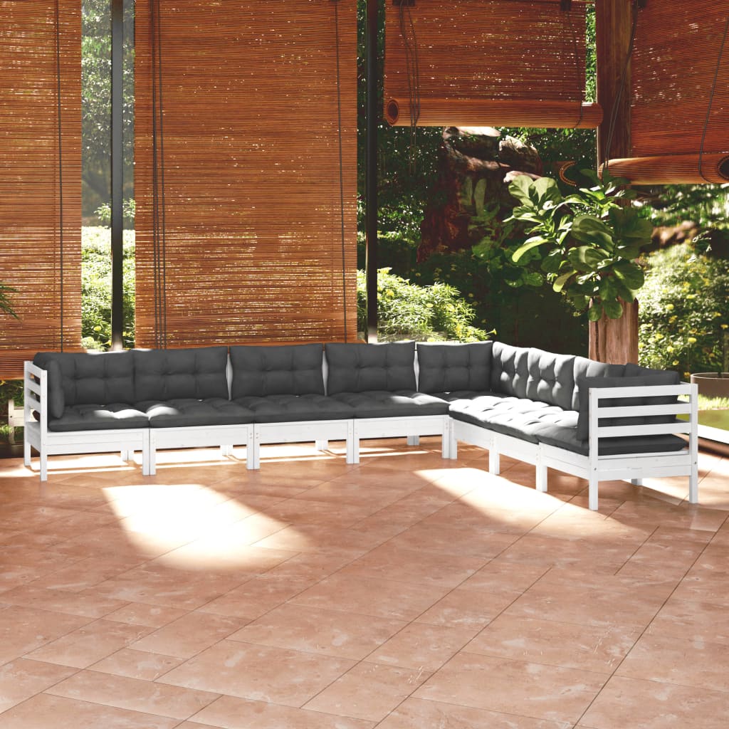 8-delige Loungeset met kussens massief grenenhout wit – afbeelding 1
